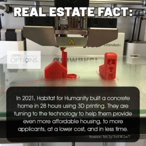 Real Estae Fact: Habitat for Humanity built a concrete home in 28 hours using 3D printing. 