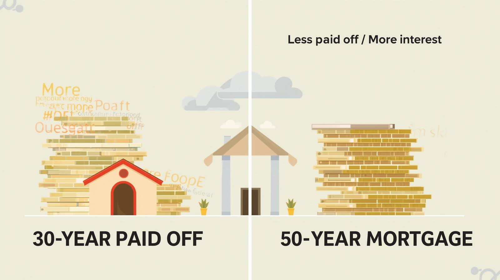 “Illustration comparing 30-year vs 50-year mortgage with different stacks of coins and a house in the middle