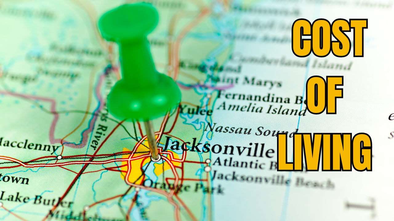 This picture shows a map with a pin at Jacksonville Florida. The blog post is about the cost of living in Jacksonville Florida.
