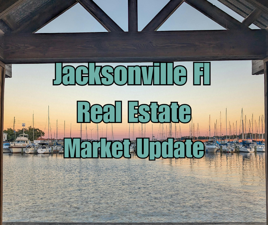 Sunset view of a marina in Jacksonville, Florida with sailboats docked on calm water. The scene is framed by a wooden structure overhead. Text on the image reads “Jacksonville FL Real Estate Market Update.”