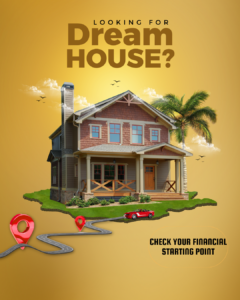 Illustration of a two-story house with a palm tree and winding road leading to it, with text reading “Looking for Dream House? Check Your Financial Starting Point”