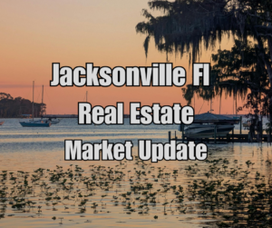 Sunset waterfront scene in Jacksonville, Florida with boats on calm water, trees with hanging moss, and shoreline vegetation in the foreground. Overlaid text reads “Jacksonville FL Real Estate Market Update.”