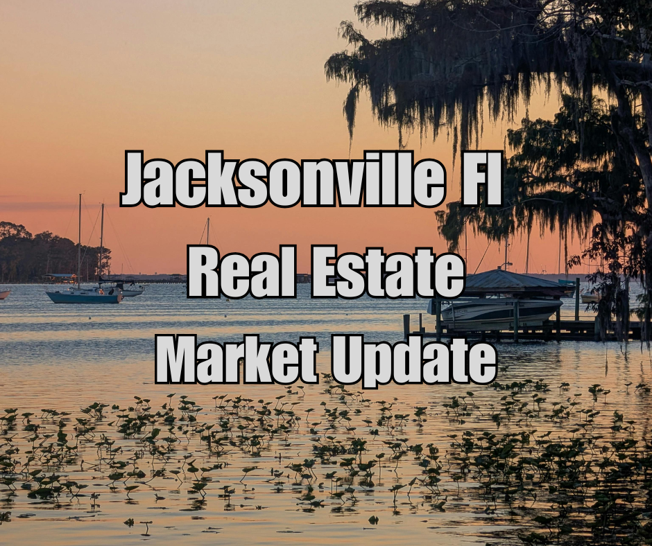 Sunset waterfront scene in Jacksonville, Florida with boats on calm water, trees with hanging moss, and shoreline vegetation in the foreground. Overlaid text reads “Jacksonville FL Real Estate Market Update.”