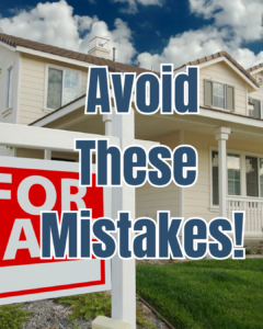 Thumbnail showing a suburban two-story home with a "For Sale" sign in the front yard. Large blue and white text over the image reads, "Avoid These Mistakes!" The design is intended for a real estate video or blog post about common home buying mistakes to avoid.