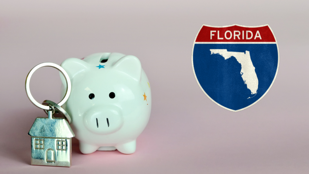 This image shows a house on a key chain, piggy bank and a Florida road sign to represent down payment assistance in Florida for home buyers.
