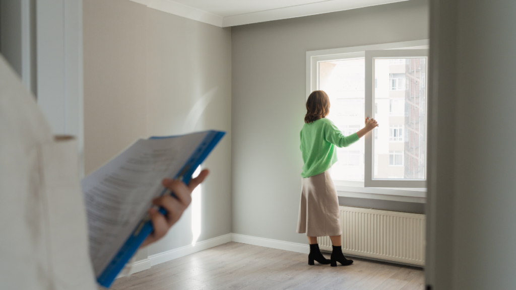 An image of the buyer checking to see if the window opens while the person holding a clipboard takes notes.