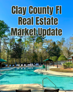 This image shows a pool in the neighborhood Eagle Harbor and the text says Clay County Real Estate Market Update