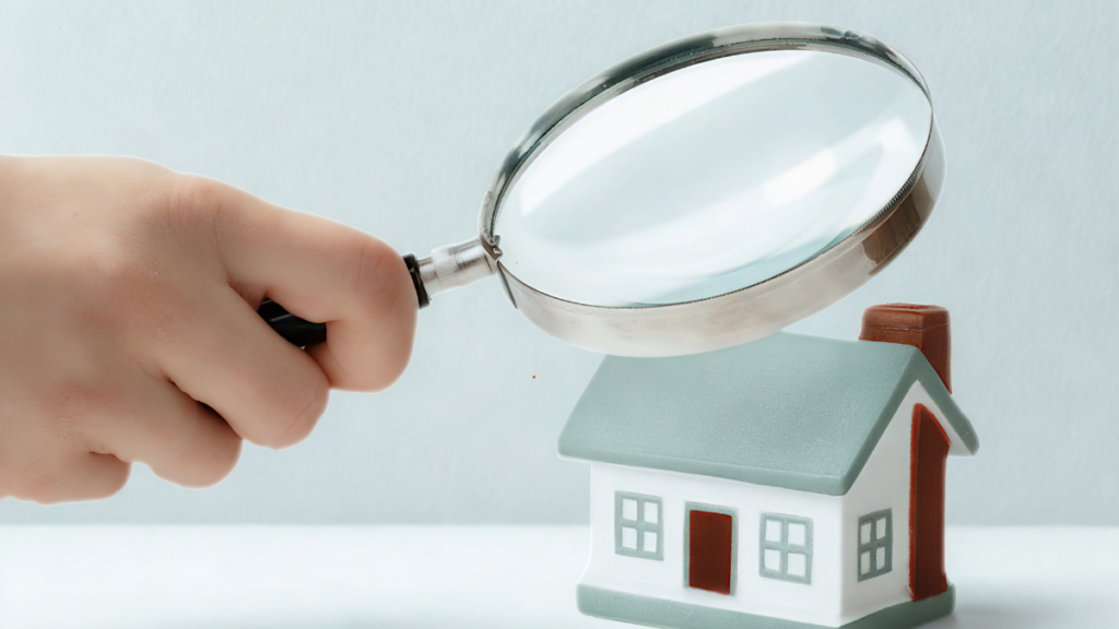 The image shows a hand holding a magnifying glass over a house to hint at doing your due diligence when buying a house.